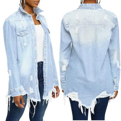 China New Amazon blue coat breathable borderer of European and American long hole denim jacket women's loose denim for sale