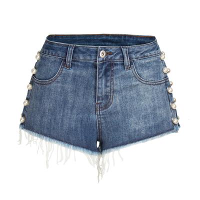 China QUICK DRY pearl inlaid high-waisted denim shorts for women's fashion design for sale