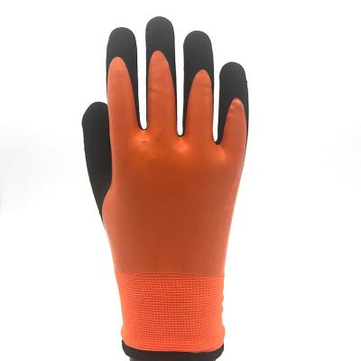 China 13G Polyester Coated Cotton Gloves Factory Price Garden Dip Form Fit 13G Latex Polyester, Latex Sandy Coated Orange and Black Cashmere NC for sale