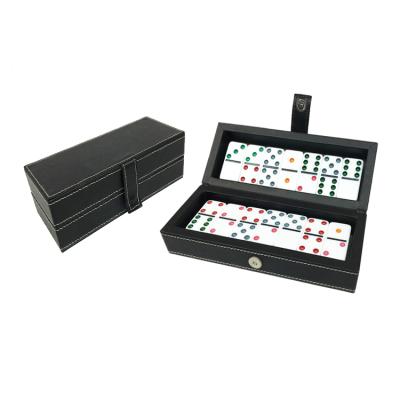 China Custom Logo Professional Leather Double Six Dominoes Set Case with Plastic Dominoes for sale