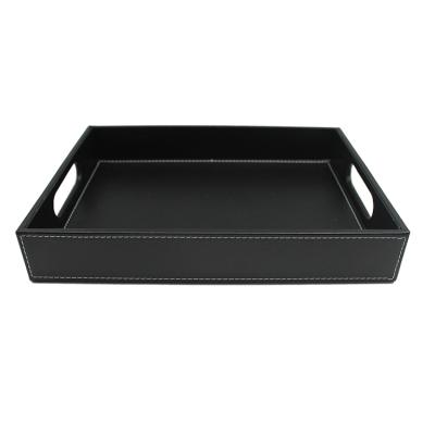 China Custom Wholesale Home Restaurant Hotel Rectangle PU Leather Serving Tray Organizer With Handle for sale