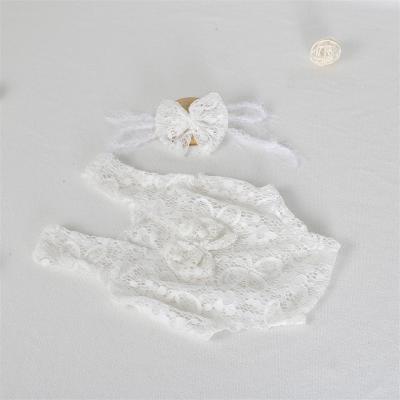 China White Polyester Photo Newborn Prop Baby Romper Soft Headband Set / Cotton PWPROPS Lace Outfits for sale