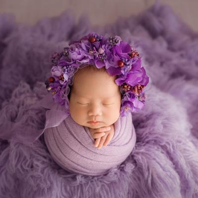 China Plush Flower Hood Hand Baby Grill Lace Up Photography Floral Newborn Props Purple Cap Hat for sale