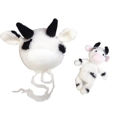 China Cute Plush Crochet Cow Doll Hood Photo Props Knit Animal Hat Toy Set Newborn Photography Props for sale