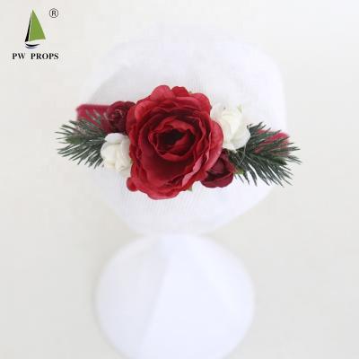 China Photo Prop Red Rose Flower Headband Stretch Tieback Photography Headband Christmas Lace Props Burgundy Newborn Tieback Newborn Tank Top for sale