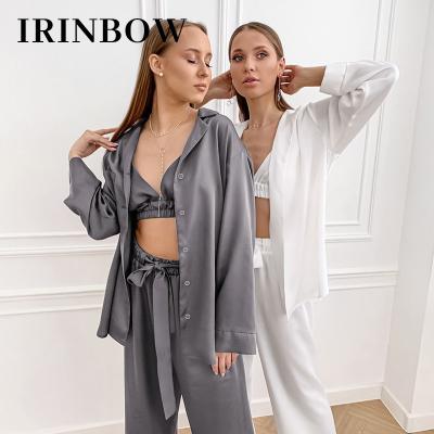 China IRINBOW DDS0016 QUICK DRY Piece Set Women Pajamas Ladies 2022 Winter For Couples Slip Dress Silk Spaghetti Tie 3 Piece Set for sale