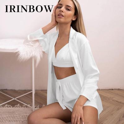 China IRINBOW DDS0047 Women Winter Pajamas Breathable Sleepwear For 2023 Long Satin Robe Spaghetti Strap 3 Piece Set for sale