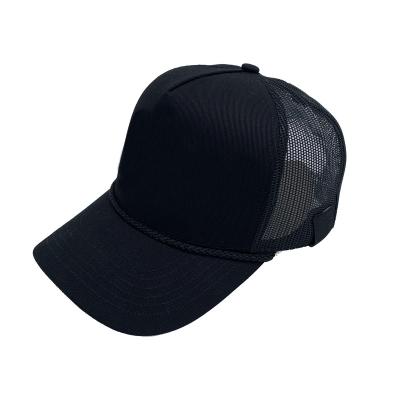 China Fashion Breathable Customized Embroidery Black Mesh Trucks 5 Panel Cotton Twine Gorras Hat 3D Logo Vintage Trucker Hat for sale