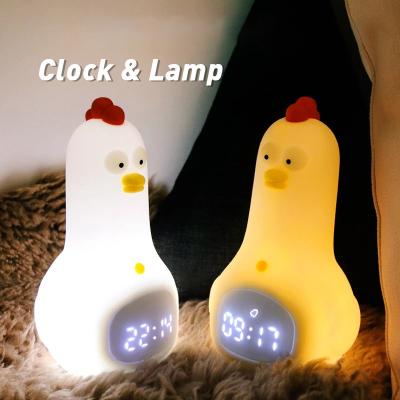 China Minimalist Cute Child Kids Alarm Silicone Chicken LED Night Light Table Lamp Digital Sleep Clock Rechargeable Children Gift Home Decor for sale