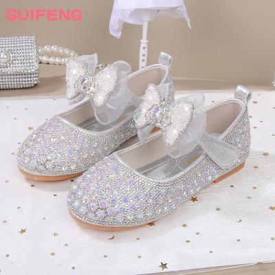 China Fashion Princess Girls Shoes Glitter Flat Sandals Girls Shoes High Heels With Bow Rhinestone Dancing Dress Wedding Shoe for sale