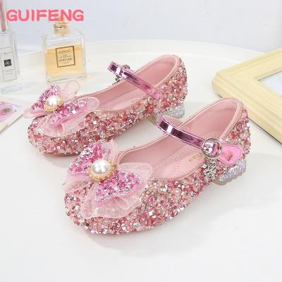 China Factory Wholesale 3-15 Years Girl's Breathable Princess Shoes Little Girl Leather Trim Shoes High Heels Shoes For Kids for sale