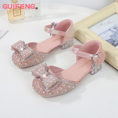 China 2023 New Kids Breathable Party Wedding Shoe Fashion Girls Sequin Lace Up Bow Kids Shoes Little Girls Dancing Leather Shoes for sale