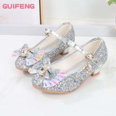 China New Breathable Girls Princess Shoes Glitter Sandals Fashion Bow Girls Shoes High Heel Rhinestone Dance Dress Kids Wedding Shoe for sale