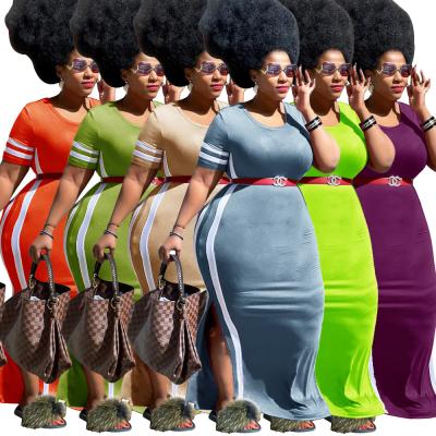 China Casual Dress Viable Striped O-Neck Solid Color Summer Colorblock Short Sleeve Plus Size Dresses for sale