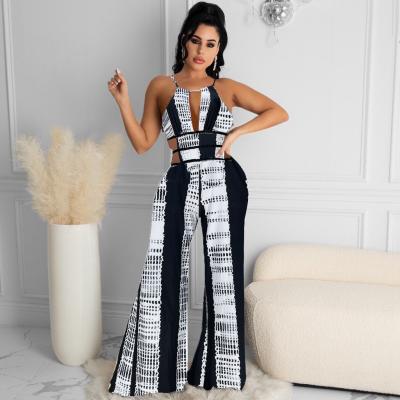 China QUICK DRY Wide Leg Pants V Neck Women Rompers Summer Fashion Patchwork Black and WhiteStriped Printed Playsuits Overalls Overalls for sale