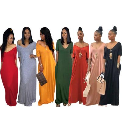 China Hot Selling Anti-Static Casual Loose Shoulder Maxi Dresses Women Long Dresses 2020 Summer Cotton Dress Women Solid Color With Pockets Women for sale