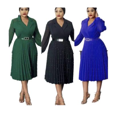 China Elegant chic lady pleated belted casual office dress african women workable design one high waist african women dresses dress for sale