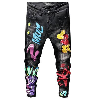 China High Street QUICK DRY Men's 3D Stretch Slim Color Jeans Cat Graffiti Streetwear Men Denim Black Pants for sale