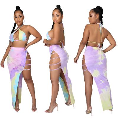 China Breathable Three Piece Thong Bikini Tie Dye Print Set 3 Piece Swimsuit Cover Up Brazilian Bikini Backless Extreme Bikinis Swimwear for sale