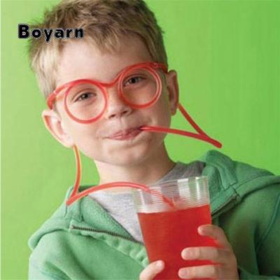 China New Fashion Round Cartoon Kids Flexible Drinking Colorful Novelty Straw Eyeglasses for sale