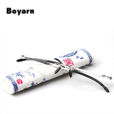 China Retro Retractable Portable Women Men Reading Glasses Ultralight Frameless Pen Holder Glasses Pencil Case Hyperopia for sale