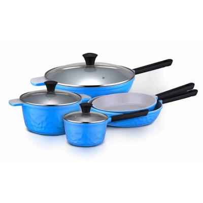 China ASD Viable Aluminum Cookware Makers 5pcs Set Milk Pan Aluminum Non Stick Marble Cookware Set With Glass Lids for sale