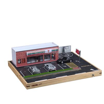 China 1:64 Wooden Grocery Car Model Dust Box Garage Scene Car Storage Display Box Decoration Desktop Model Car Collection for sale