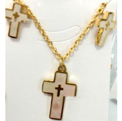 China New TRENDY/Casual/Sporty/Religious Stainless Steel Gold Rose Plated Cross Charm Inlay Shell Pendants Necklaces plus Earring Jewelry Sets for sale