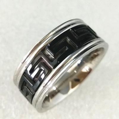 China FASHIONABLE Shinny finish silver with black color stainless steel wide band recess cutting texture pattern engraved comfort adjustment ring for sale