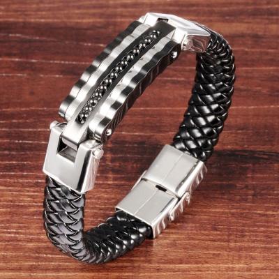 China Wholesale FASHIONABLE Black PU and Gold Stainless Steel Wire Inlay Men Bracelet Genuine Leather Wristband Gentlemen for sale