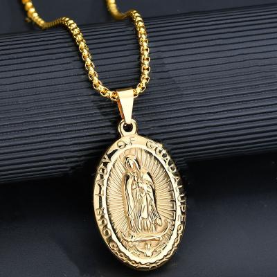 China Lady Guadalupe Mother Saint Image Stainless Steel Gold Punching Necklace Religious Top Religious Plated Pendant Chain Jewelry for sale