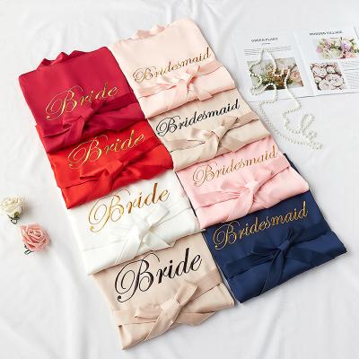 China Breathable Customize Customized Embroidery Bridesmaid Letter Robe Bathrobe Women Silk Bridal Night Robe Wedding Satin Sleepwear Long Robe for sale