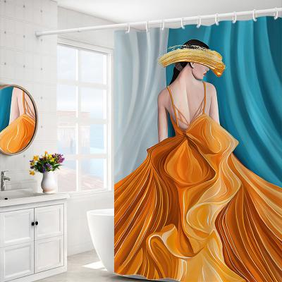 China Viable printed with a woman bule and yellow curtains for bathroom shower curtains for sale