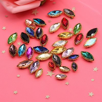 China Hot Selling Popular Flatback Marquise Rhinestone With Gold Lace Claw Sew On Glass Gem Stone For Jewelry Making Garment for sale