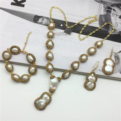 China TRENDY fashion handmade necklace zircon beads and random pearl with rhinestone pave jewelry women set for sale