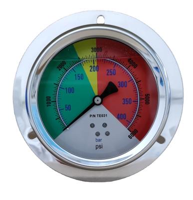 China 4INCH three-colour L-AD 0-6000PSI L-BD type (center back mount with front flange) oil pressure gauge L-A type (bottom mount) for sale