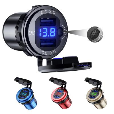 China QC 3.0 Dual QC3.0 USB Quick Charger ROXGOCT 12V 24V Car Charger Socket With On-Off Switch And LED Voltmeter for sale