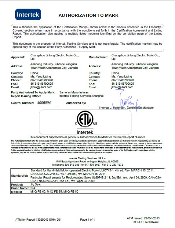 ETL - Changzhou Jinlong Electric Tools Co., Ltd.