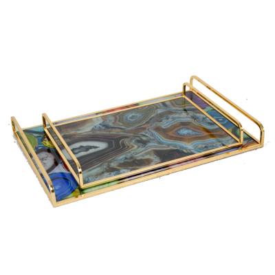 China Mordern Marble Tray Long Marble Serving Tray Decorative Marble Breakfast Tray With Metal Handle Wholesale Manufacturer for sale