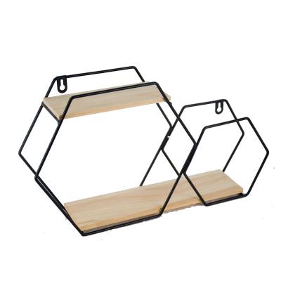 China Storage Living Room Bathroom Kitchen Show Decorative Hexagon Metal And Wood Wall Shelf for sale