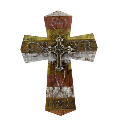 China High Quality Antique Imitation Decoration Crosses Stacked Wood Wall Carved Wooden Small Cross for sale