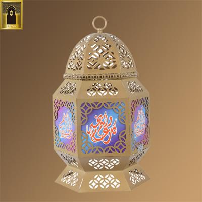 China Different Handmade Arabic Glass Metal Lantern Large Dubai Style Islamic Moroccan Candle Holder for sale