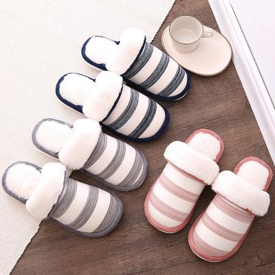 China Cushioning New Autumn And Winter Fleece Cotton Striped Slippers Warm Non-slip Soft Unique Bedroom Slippers For Men And Women for sale