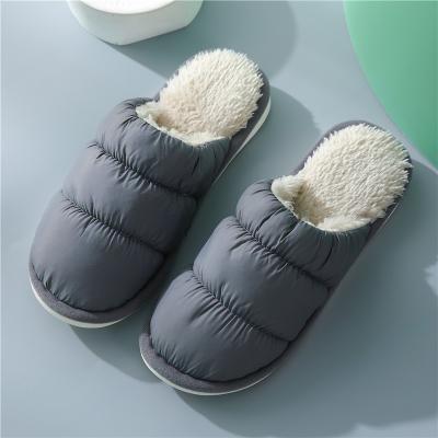 China Anti-Slip Winter Down Fabric Warmth Indoor Quiet Slippers For Men And Women for sale