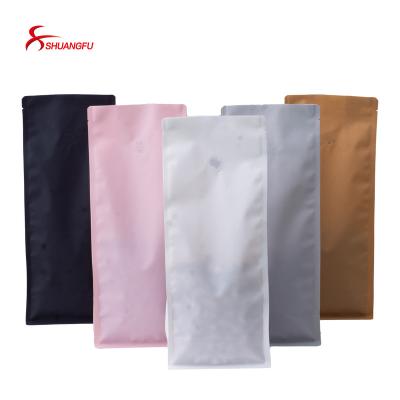 China Customized Moisture Proof Printed Flat Bottom Serving Aluminum Foil Coffee Pouch Matte Coffee Packaging Bag With Single Valve for sale