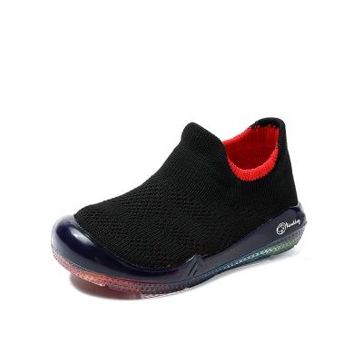 China Flex Sport Run Flying Knitted Round Breathable Kids Shoes Baby Boy Black Outdoor Soft Sole Shoes And Socks Trainers for sale