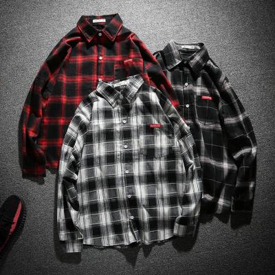 China Mens Fashion Anti-pilling Loose Fit Polyester Long Sleeve Casual Shirt Cotton Tops Red And Black Plaid Shirts For Men Daily Wear for sale