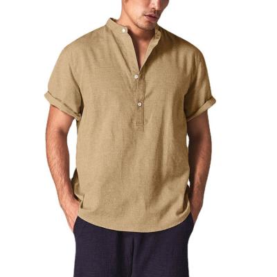 China Wholesale summer anti-pilling men's cotton canvas sweater tops casual cheap short sleeve beach cotton canvas shirt for men for sale