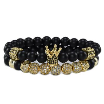 China Fashion Hiphop DAICY Custom Lava Diamond 24k Natural Stone Zircon Bracelet Men Crown Bead Elastic Bracelet for sale