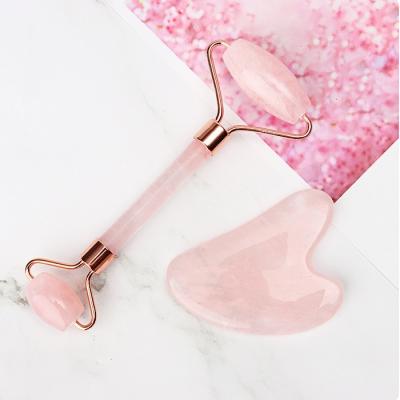 China Adorable Beauty Hand Held Jade Sha Gua Roller Rose Quartz Massage Facial Roller for sale